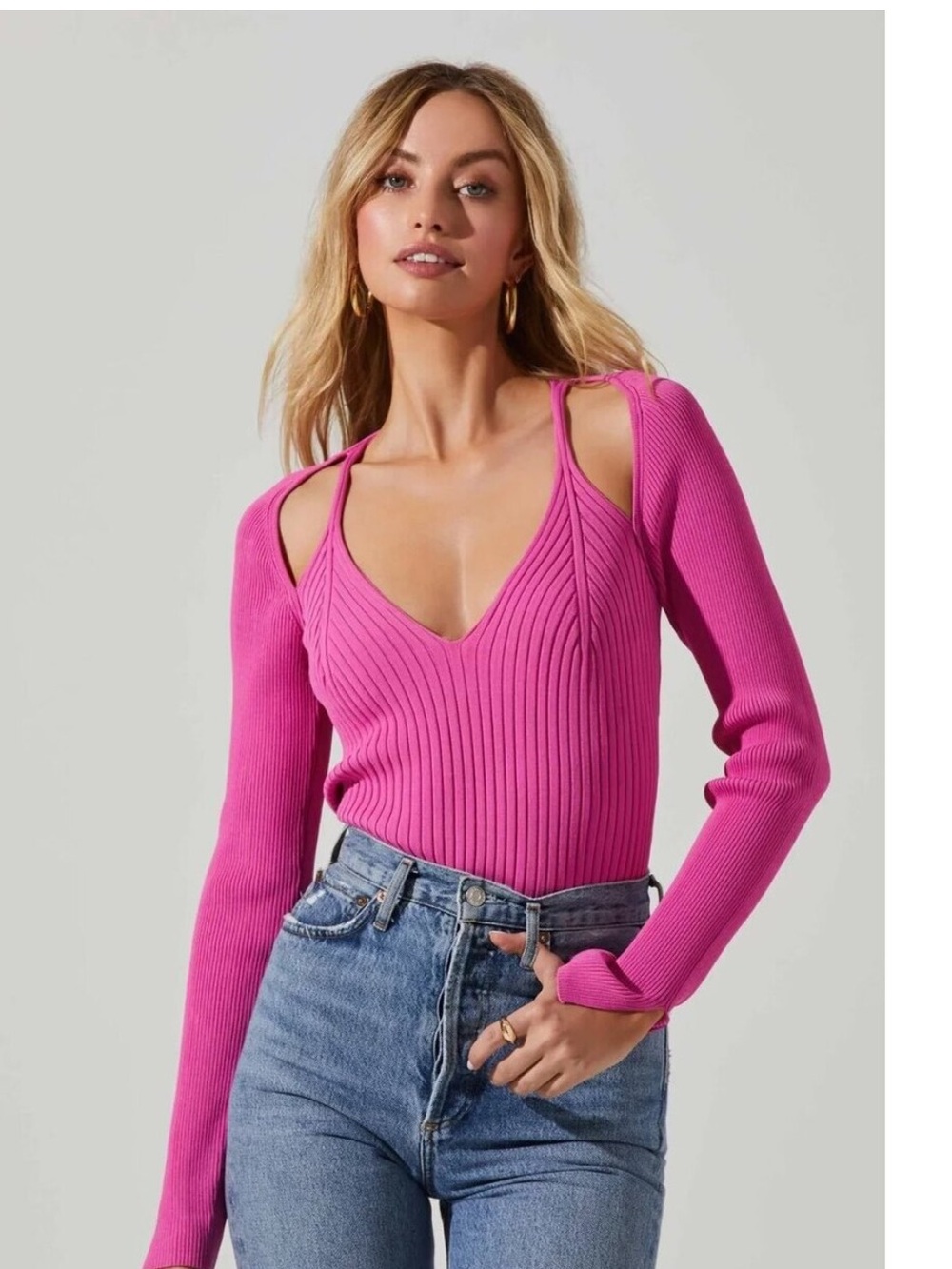ASTR Ribbed V-Neck Cold-Shoulder Long Sleeve Top - Bright Pink